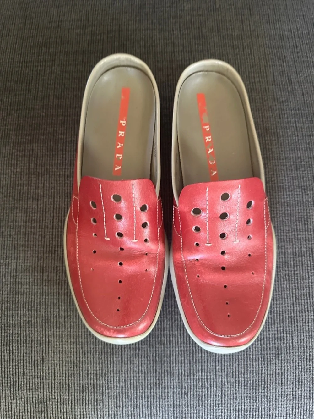Prada Red Perforated Leather Slip-On Mules - Picture 1 of 8